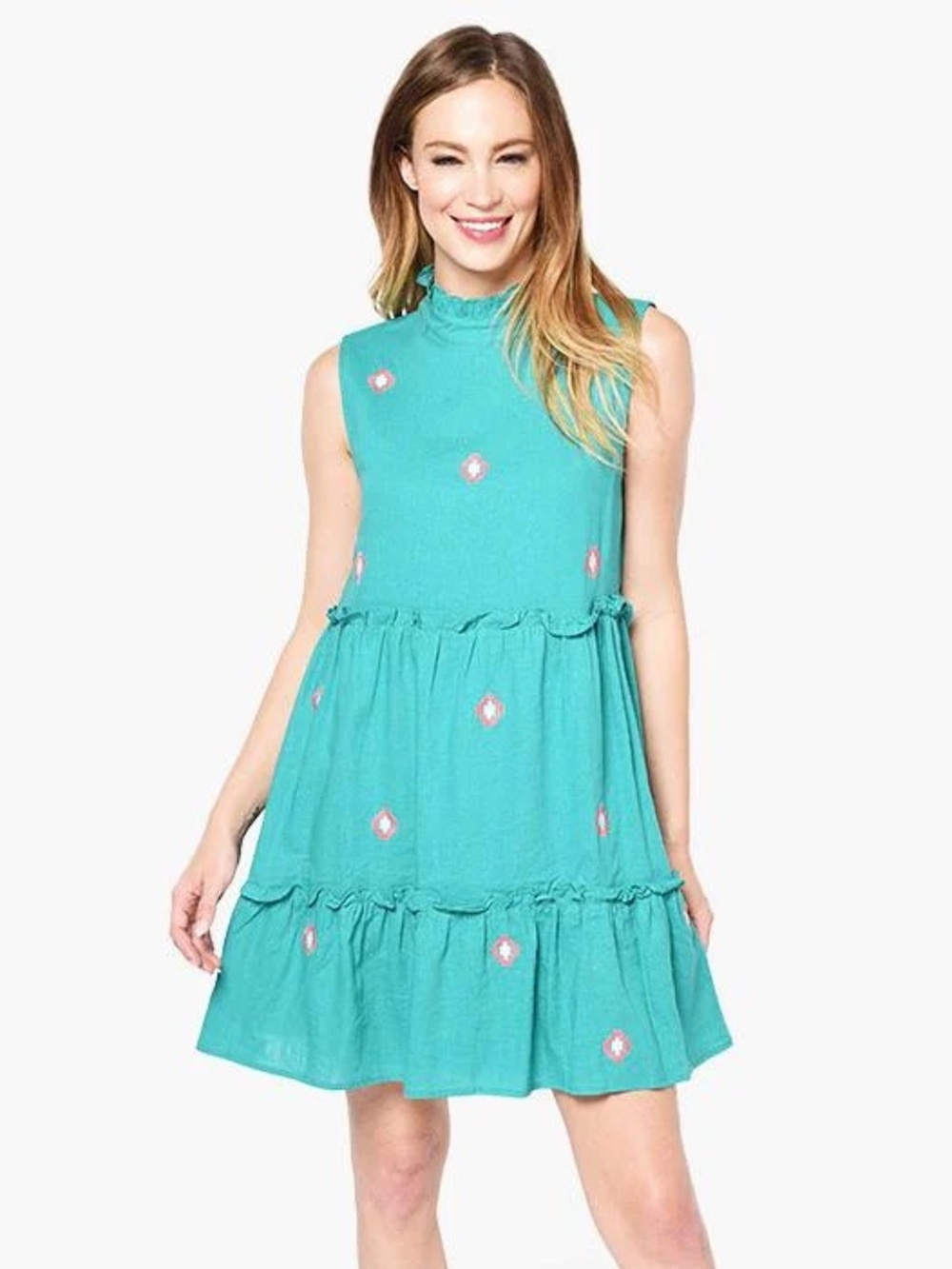 J Marie Teal Sleeveless Tiered Embroidered Dress Size Large.